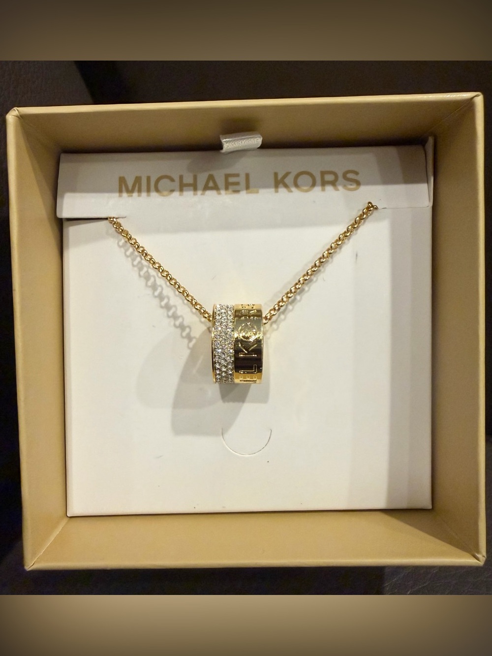 Michael Kors Gold Ring Pendant Necklace with Pave Crystals
